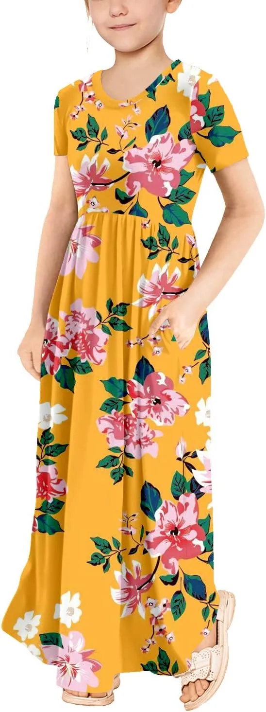 storeofbaby Girls Casual Maxi Floral Dress Long Sleeve Holiday Dresses with Pockets