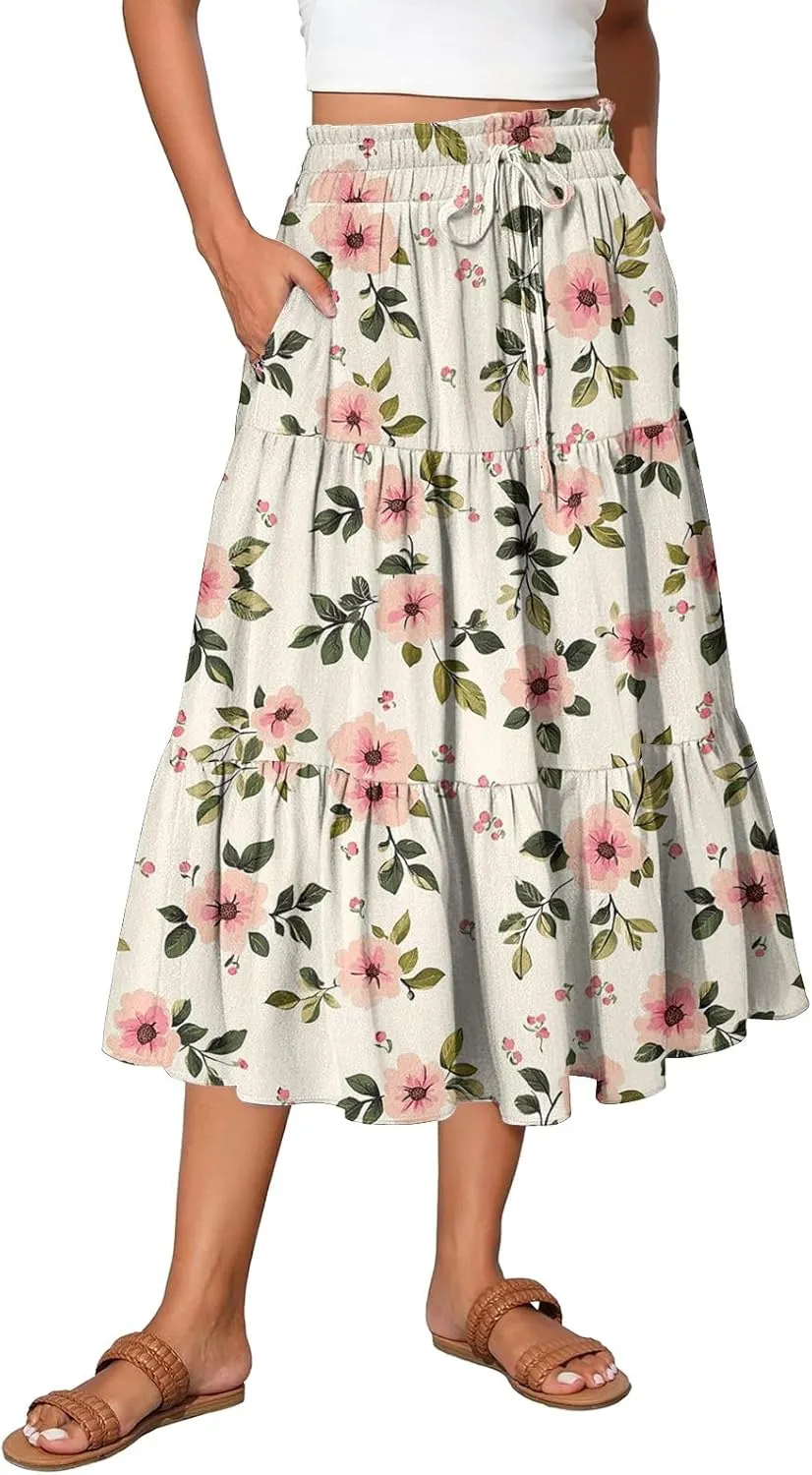 Stylish Summer Party Skirt Women Full Hems Comfy Baggy Floral Expandable Waist Skirts