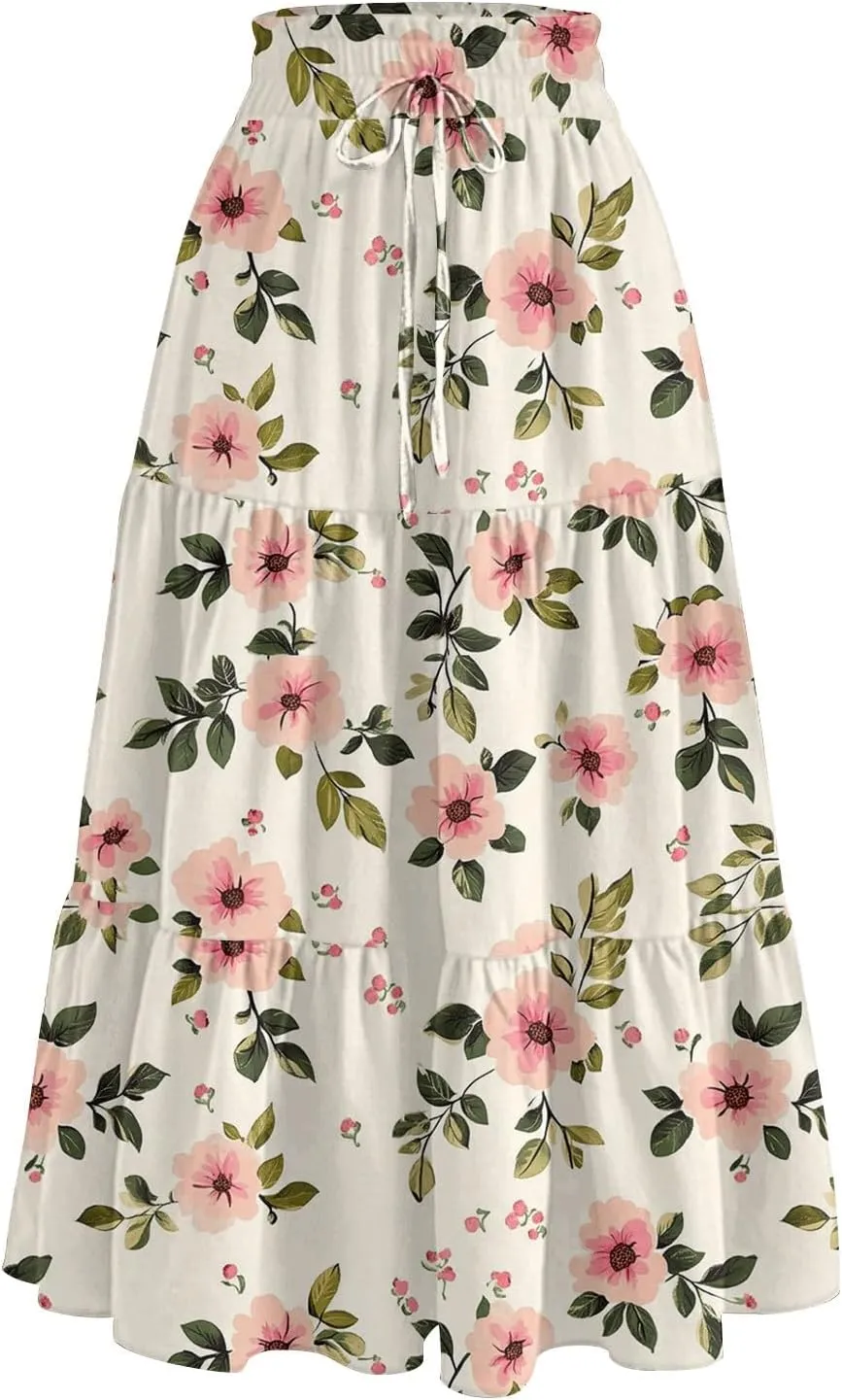 Stylish Summer Party Skirt Women Full Hems Comfy Baggy Floral Expandable Waist Skirts