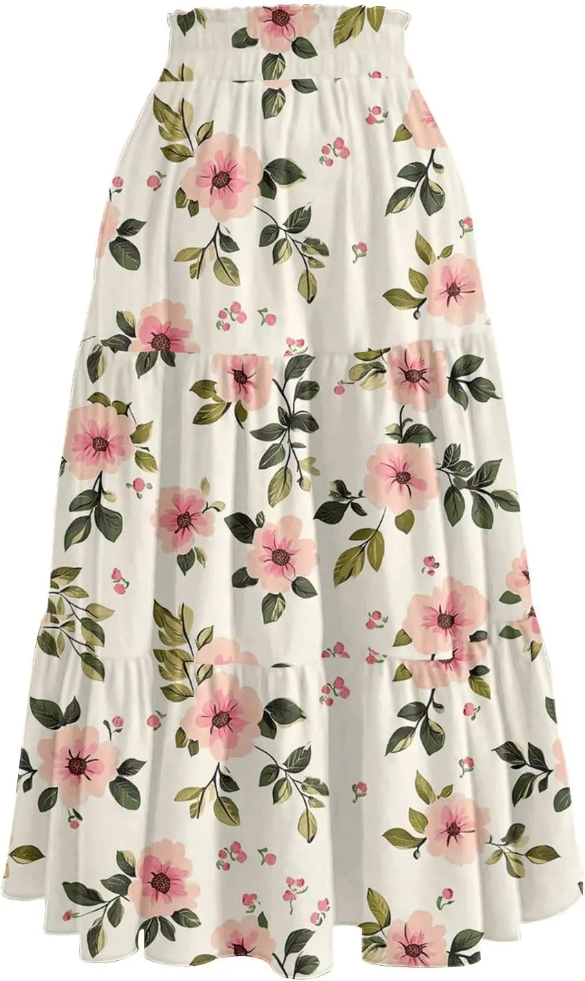 Stylish Summer Party Skirt Women Full Hems Comfy Baggy Floral Expandable Waist Skirts