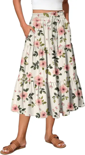 Stylish Summer Party Skirt Women Full Hems Comfy Baggy Floral Expandable Waist Skirts