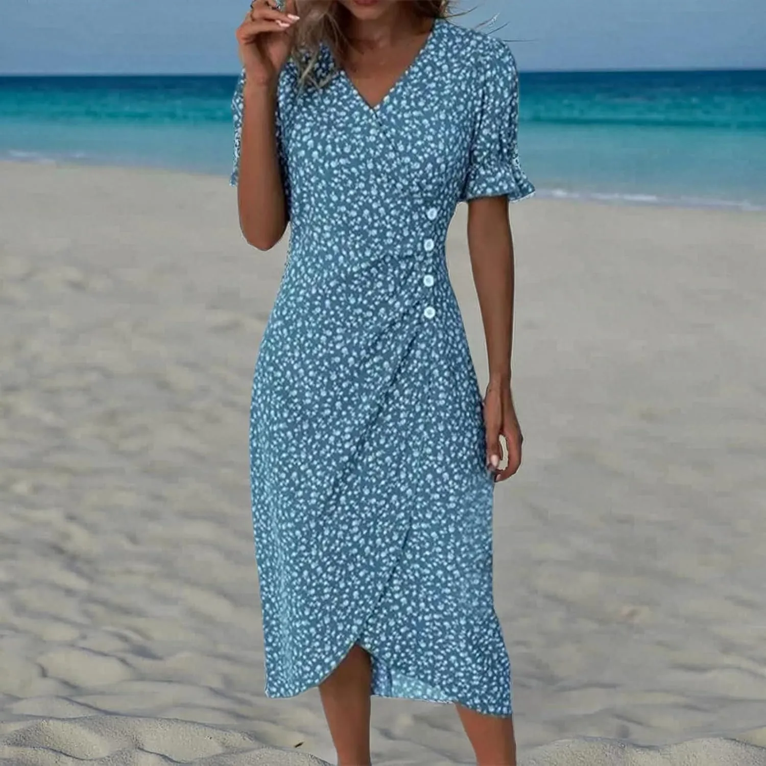 Summer Dresses for Women 2024 Spring Trendy Elegant Wrap V Neck Floral Boho Dress Flowy Ruched Hawaiian Beach Maxi