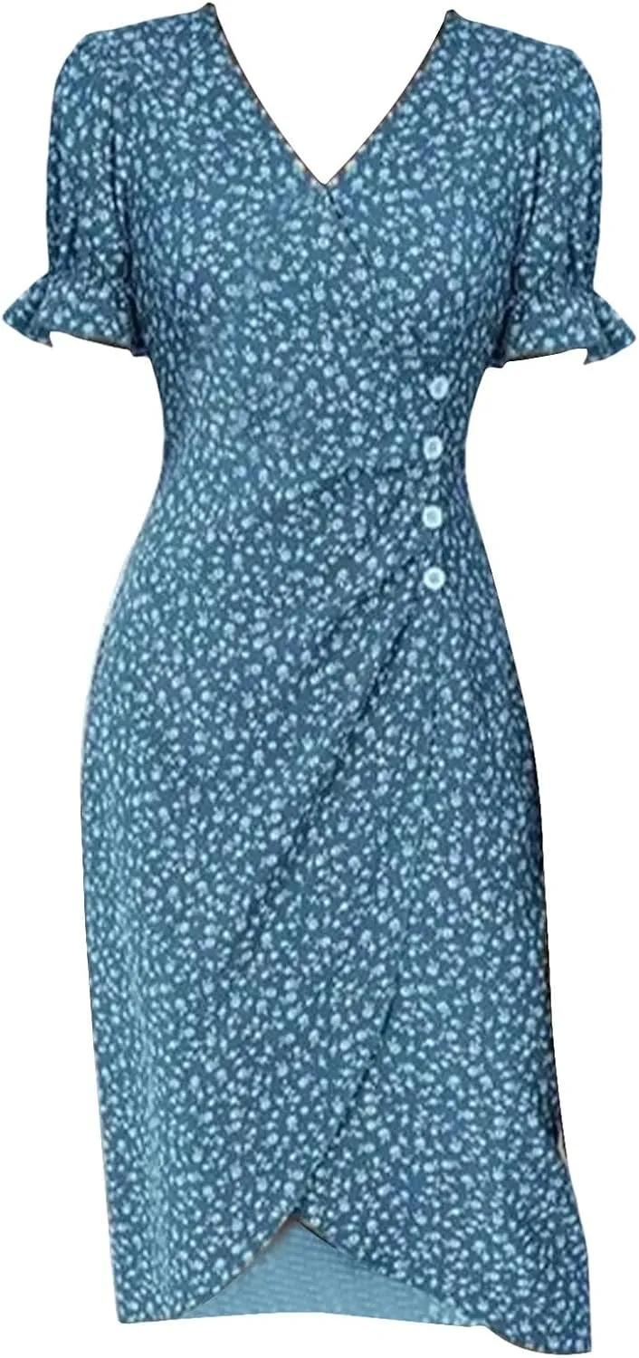 Summer Dresses for Women 2024 Spring Trendy Elegant Wrap V Neck Floral Boho Dress Flowy Ruched Hawaiian Beach Maxi