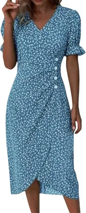 Summer Dresses for Women 2024 Spring Trendy Elegant Wrap V Neck Floral Boho Dress Flowy Ruched Hawaiian Beach Maxi