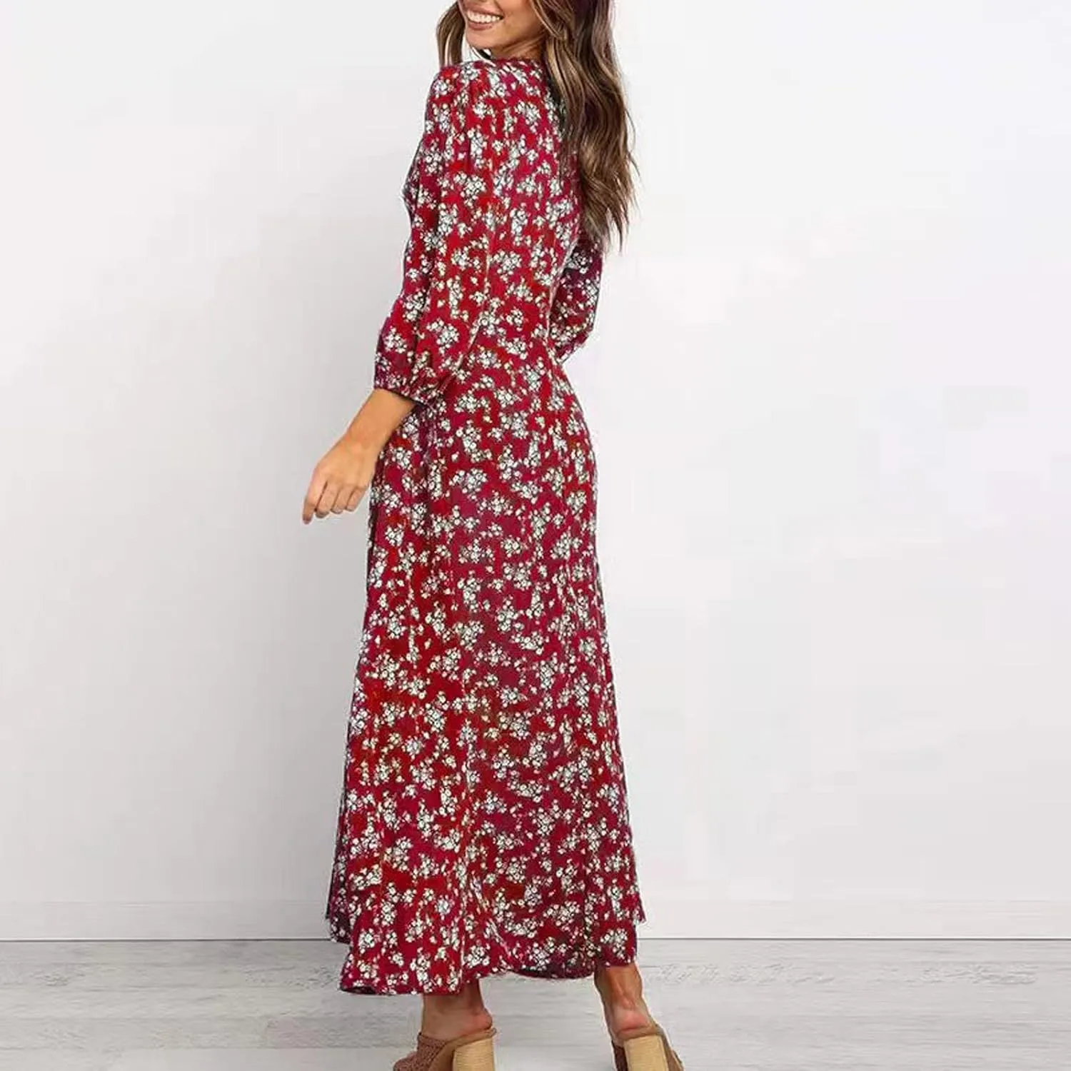 Summer Dresses for Women 2025 Fashion Floral Print V Neck 3/4 Sleeve Dress High Waist Boho Dresses Wrap Maxi Dress