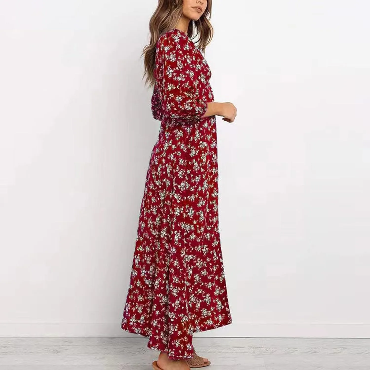 Summer Dresses for Women 2025 Fashion Floral Print V Neck 3/4 Sleeve Dress High Waist Boho Dresses Wrap Maxi Dress