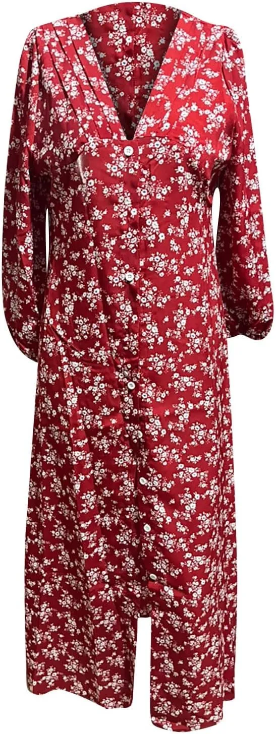 Summer Dresses for Women 2025 Fashion Floral Print V Neck 3/4 Sleeve Dress High Waist Boho Dresses Wrap Maxi Dress