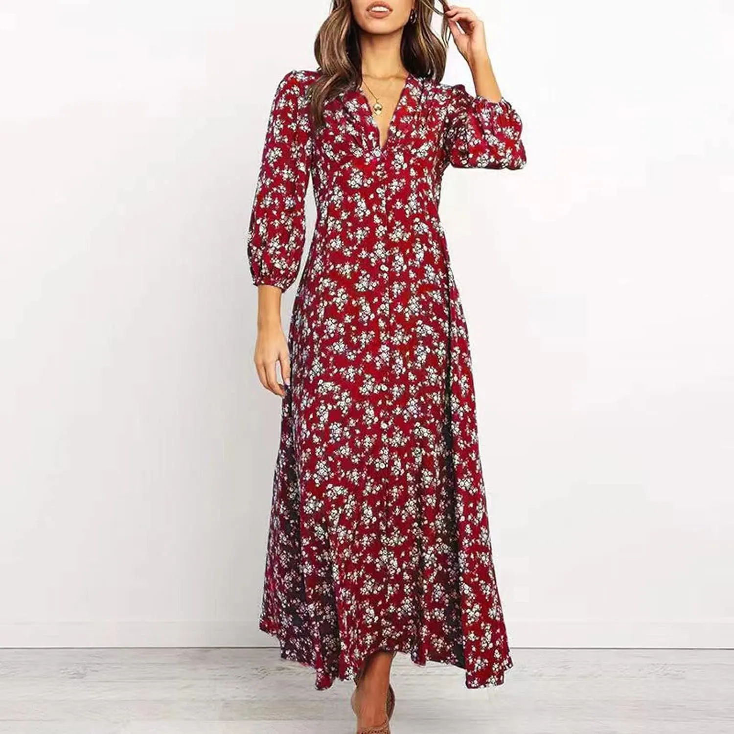 Summer Dresses for Women 2025 Fashion Floral Print V Neck 3/4 Sleeve Dress High Waist Boho Dresses Wrap Maxi Dress