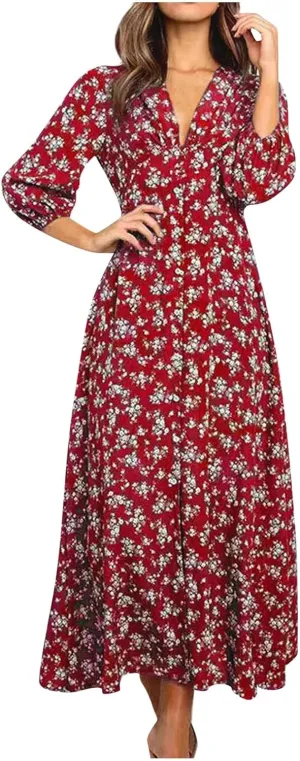 Summer Dresses for Women 2025 Fashion Floral Print V Neck 3/4 Sleeve Dress High Waist Boho Dresses Wrap Maxi Dress