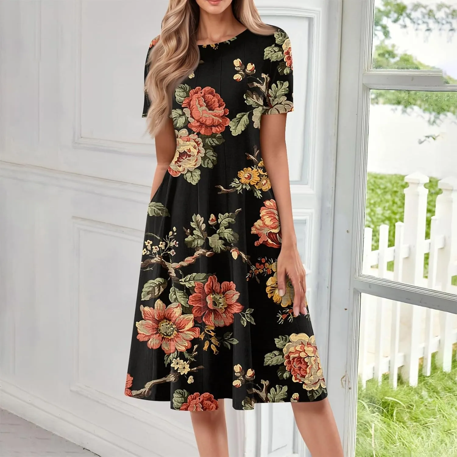 Summer Dresses for Women 2025 Short Sleeve Dresses Empire Waist Wrap Dress Business Boho Dress Midi with Pocket
