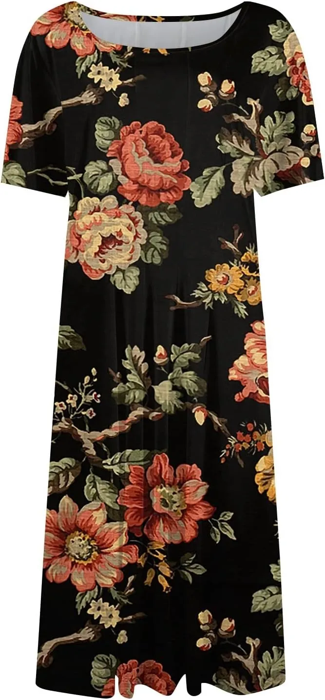 Summer Dresses for Women 2025 Short Sleeve Dresses Empire Waist Wrap Dress Business Boho Dress Midi with Pocket