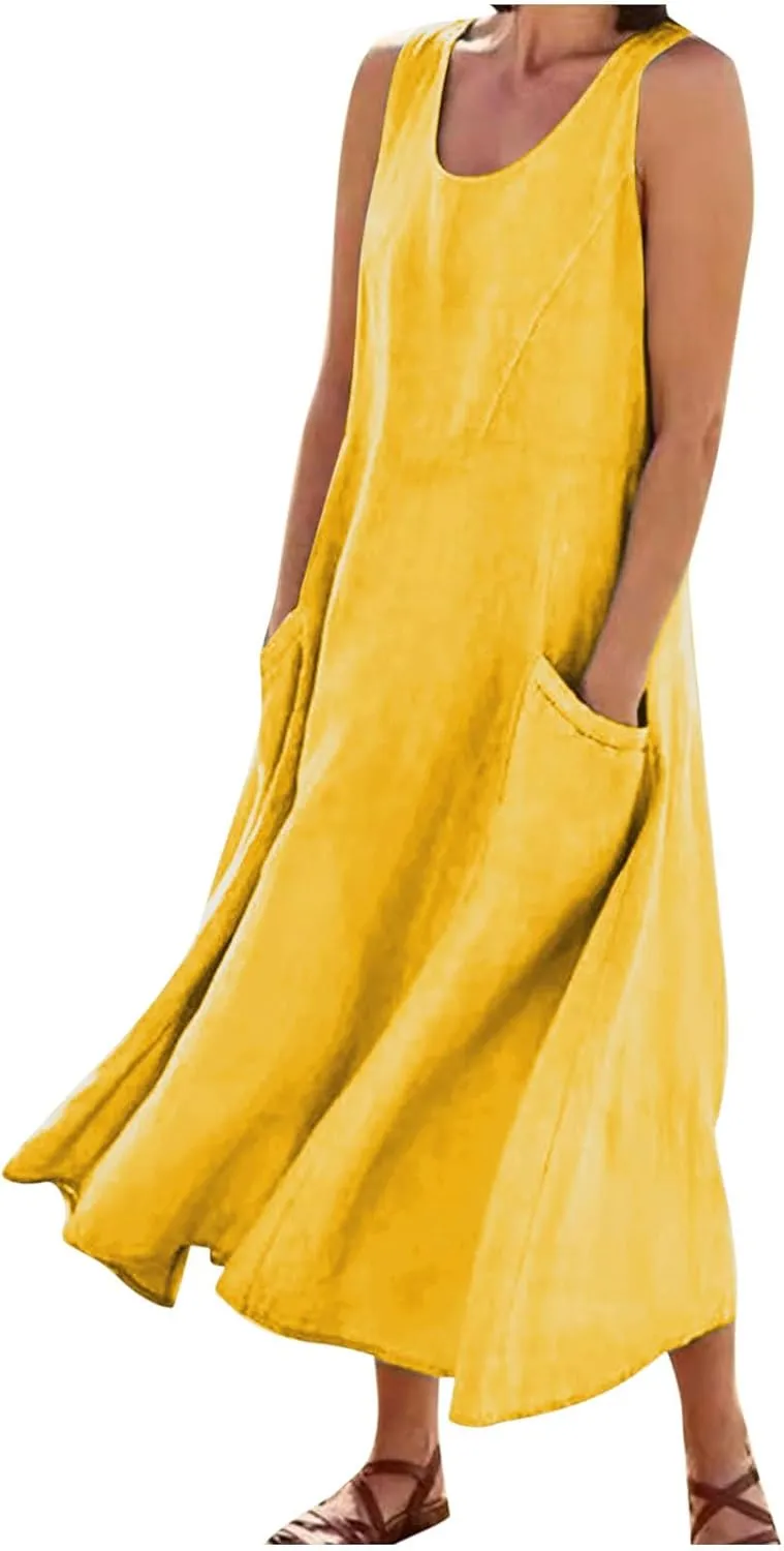 Summer Dresses for Women 2025 Spring Plus Size Linen Maxi Dress Sleeveless Crewneck Sundress Outfits Clothes