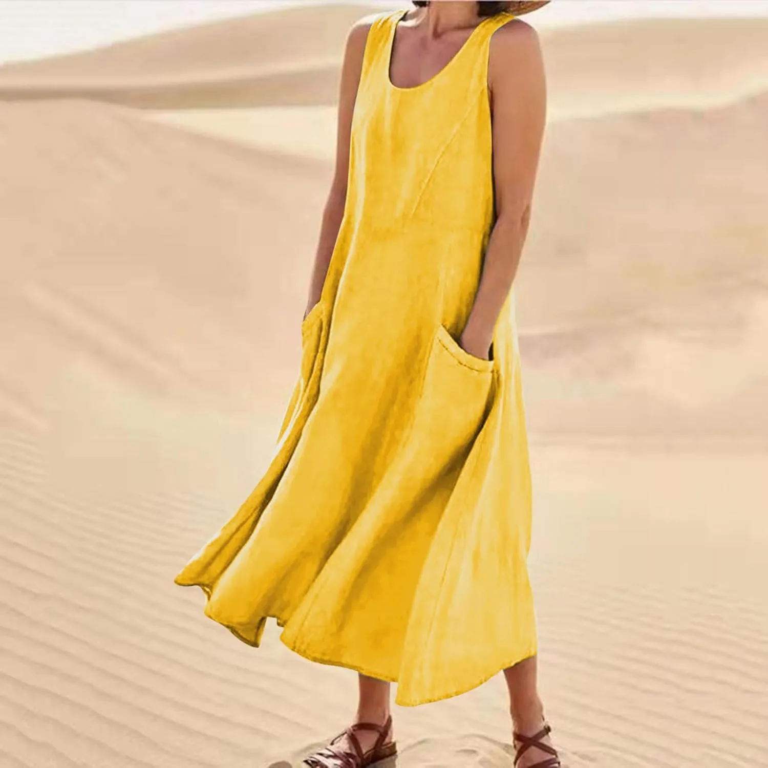 Summer Dresses for Women 2025 Spring Plus Size Linen Maxi Dress Sleeveless Crewneck Sundress Outfits Clothes