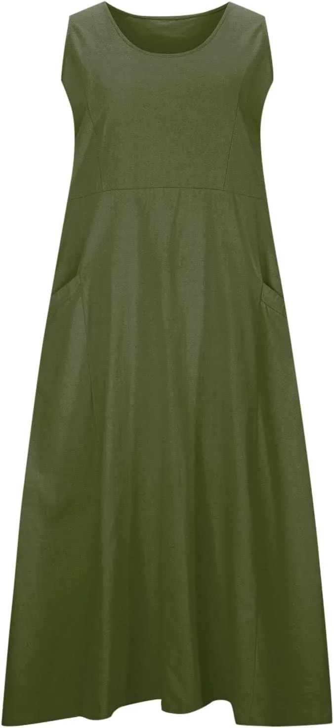 Summer Dresses for Women 2025 Spring Plus Size Linen Maxi Dress Sleeveless Crewneck Sundress Outfits Clothes