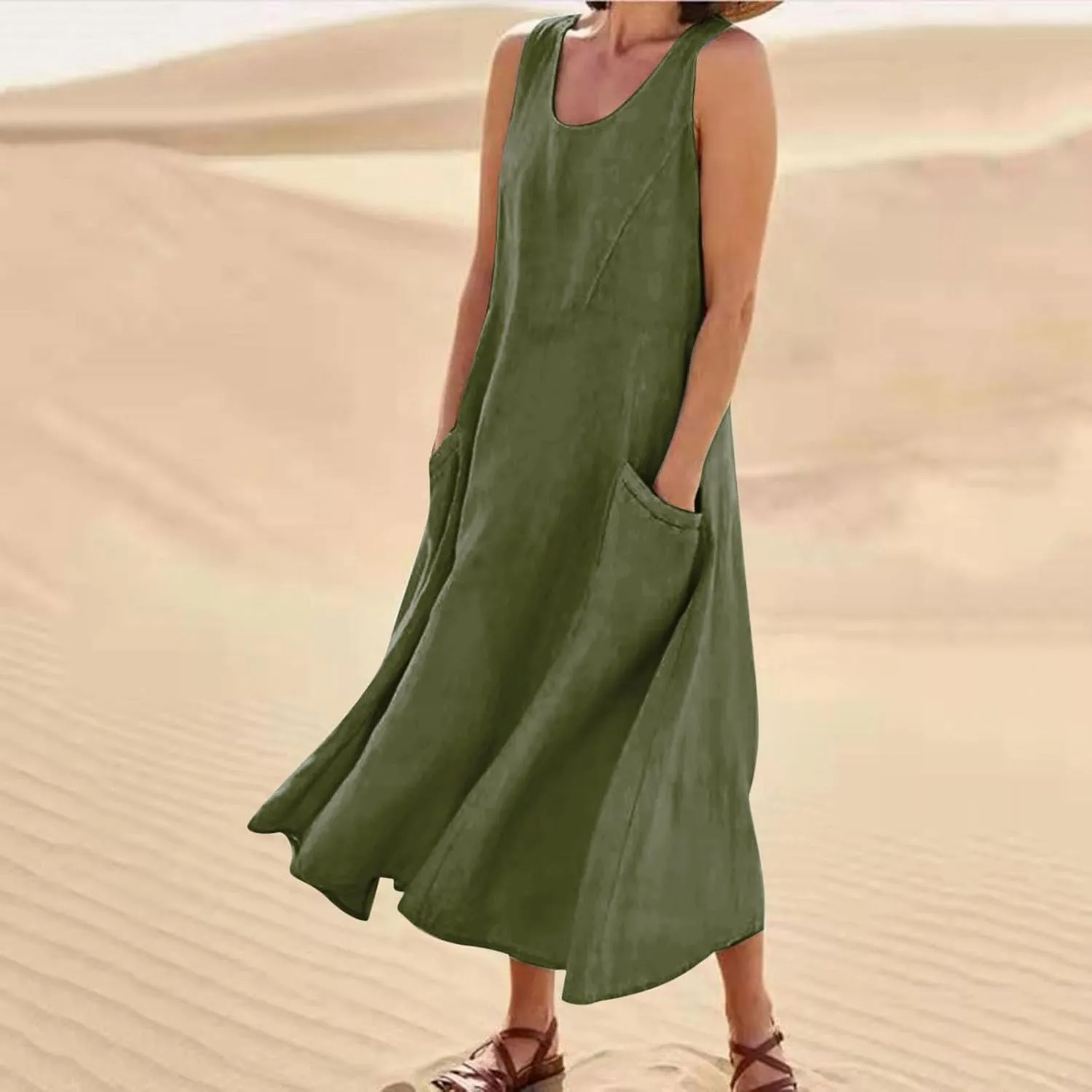 Summer Dresses for Women 2025 Spring Plus Size Linen Maxi Dress Sleeveless Crewneck Sundress Outfits Clothes