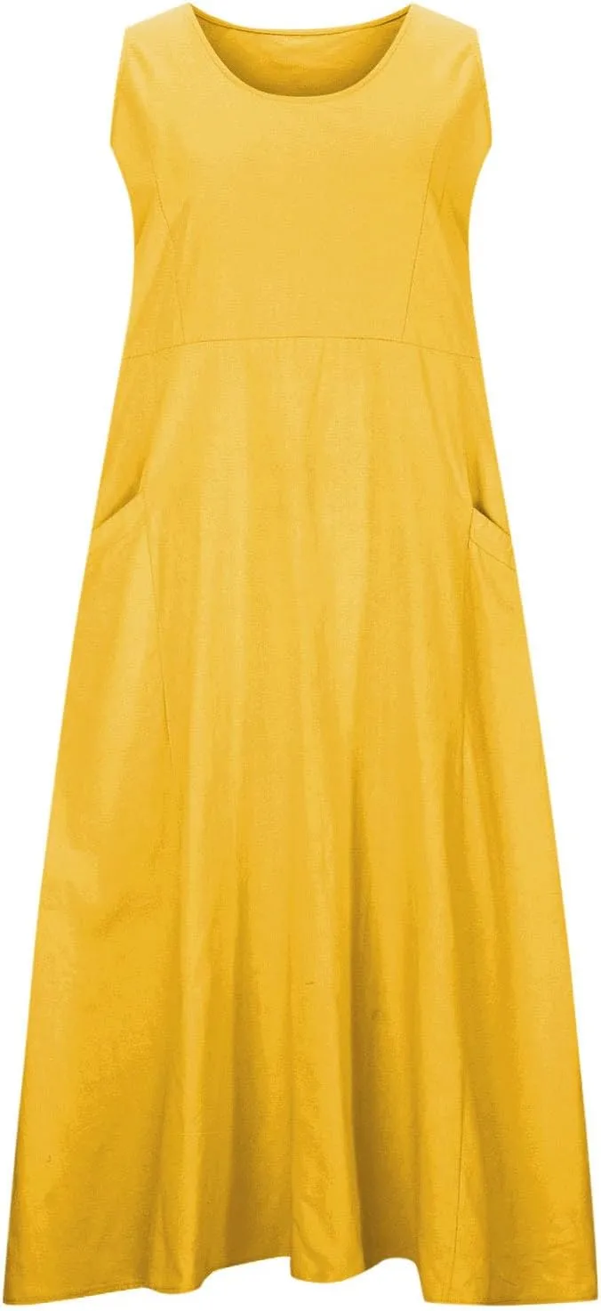 Summer Dresses for Women 2025 Spring Plus Size Linen Maxi Dress Sleeveless Crewneck Sundress Outfits Clothes