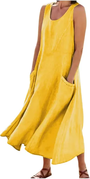 Summer Dresses for Women 2025 Spring Plus Size Linen Maxi Dress Sleeveless Crewneck Sundress Outfits Clothes