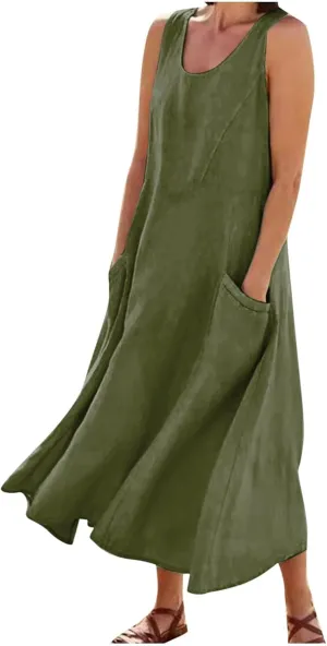 Summer Dresses for Women 2025 Spring Plus Size Linen Maxi Dress Sleeveless Crewneck Sundress Outfits Clothes