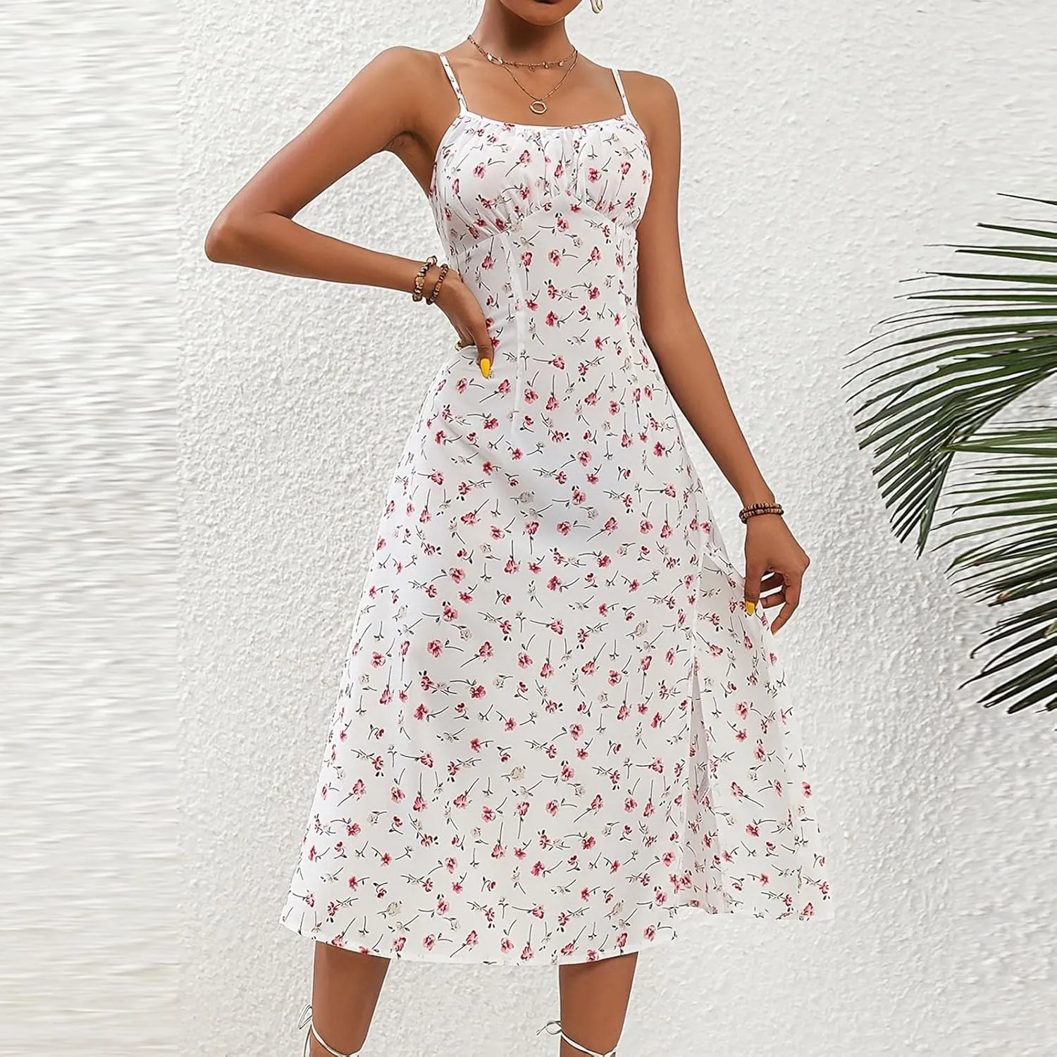 Summer Dresses for Women Spaghetti Strap Polka Dot Midi Dress 2025 Trendy Sexy Sleeveless Slit Beach Boho Sundresses