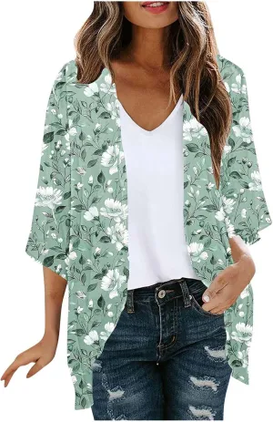Summer Lightweight Cardigan Rash Guard for Women 3/4 Sleeve Chiffon Kimono Shrug Beach Cover Ups Floral Beach Coverup
