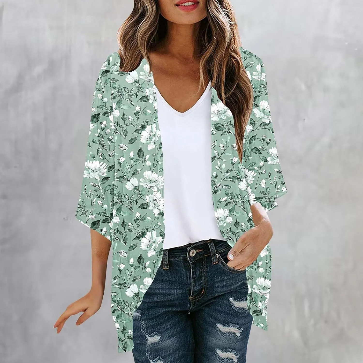 Summer Lightweight Cardigan Rash Guard for Women 3/4 Sleeve Chiffon Kimono Shrug Beach Cover Ups Floral Beach Coverup