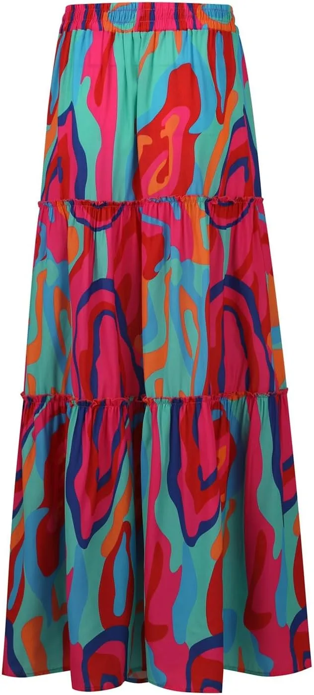 Summer Skirts for Women Flowy Maxi Skirt Drawstring High Waisted Pleated Tiered Aline Skirt Long Skirts with Pockets