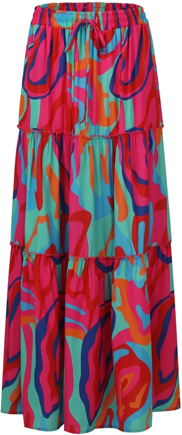 Summer Skirts for Women Flowy Maxi Skirt Drawstring High Waisted Pleated Tiered Aline Skirt Long Skirts with Pockets