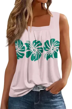 Summer Tank Tops for Women Casual Sleeveless Top Floral Print Pleated Square Neck Curved Hem Flowy Tanks
