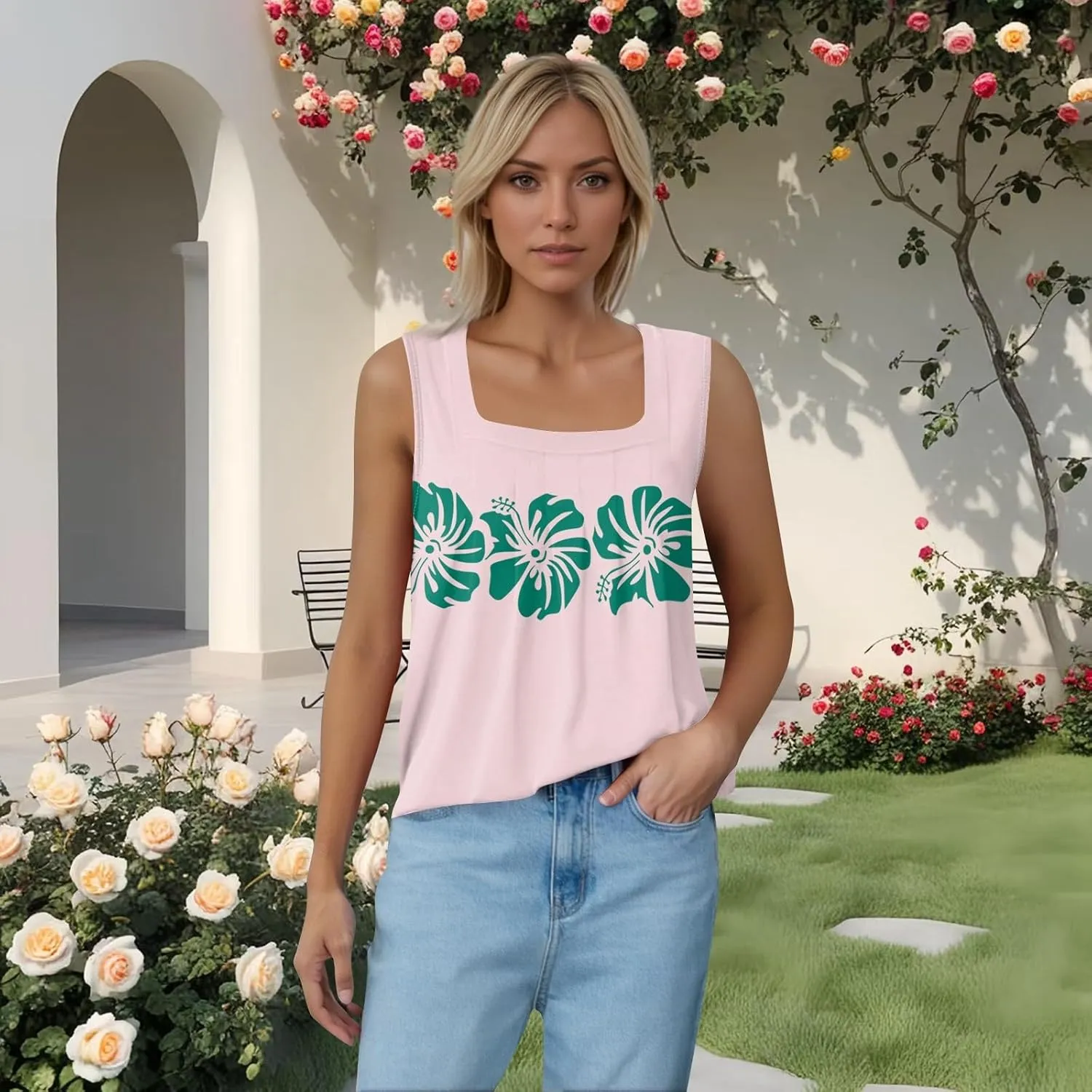 Summer Tank Tops for Women Casual Sleeveless Top Floral Print Pleated Square Neck Curved Hem Flowy Tanks