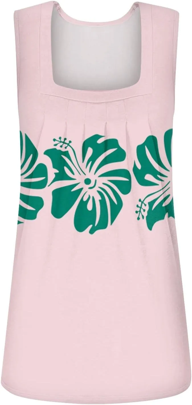 Summer Tank Tops for Women Casual Sleeveless Top Floral Print Pleated Square Neck Curved Hem Flowy Tanks