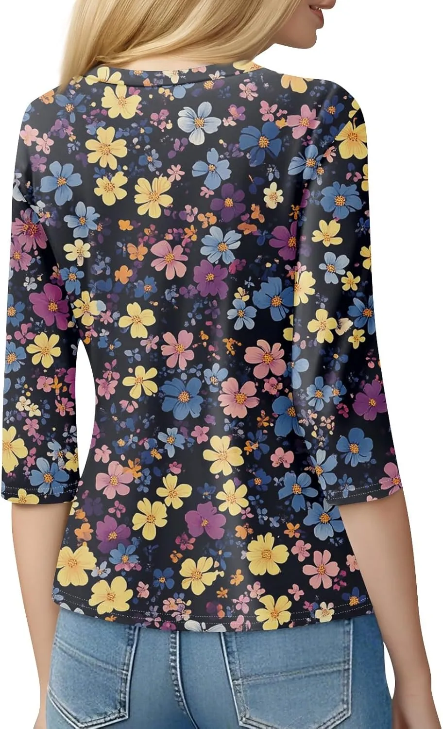 Summer Tops for Women 2025 Beach Vacation 3/4 Sleeve Print T-Shirts Plus Size Crewneck Going Out Shirts Loose Tunic