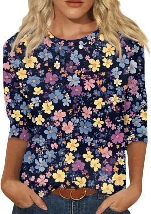 Summer Tops for Women 2025 Beach Vacation 3/4 Sleeve Print T-Shirts Plus Size Crewneck Going Out Shirts Loose Tunic