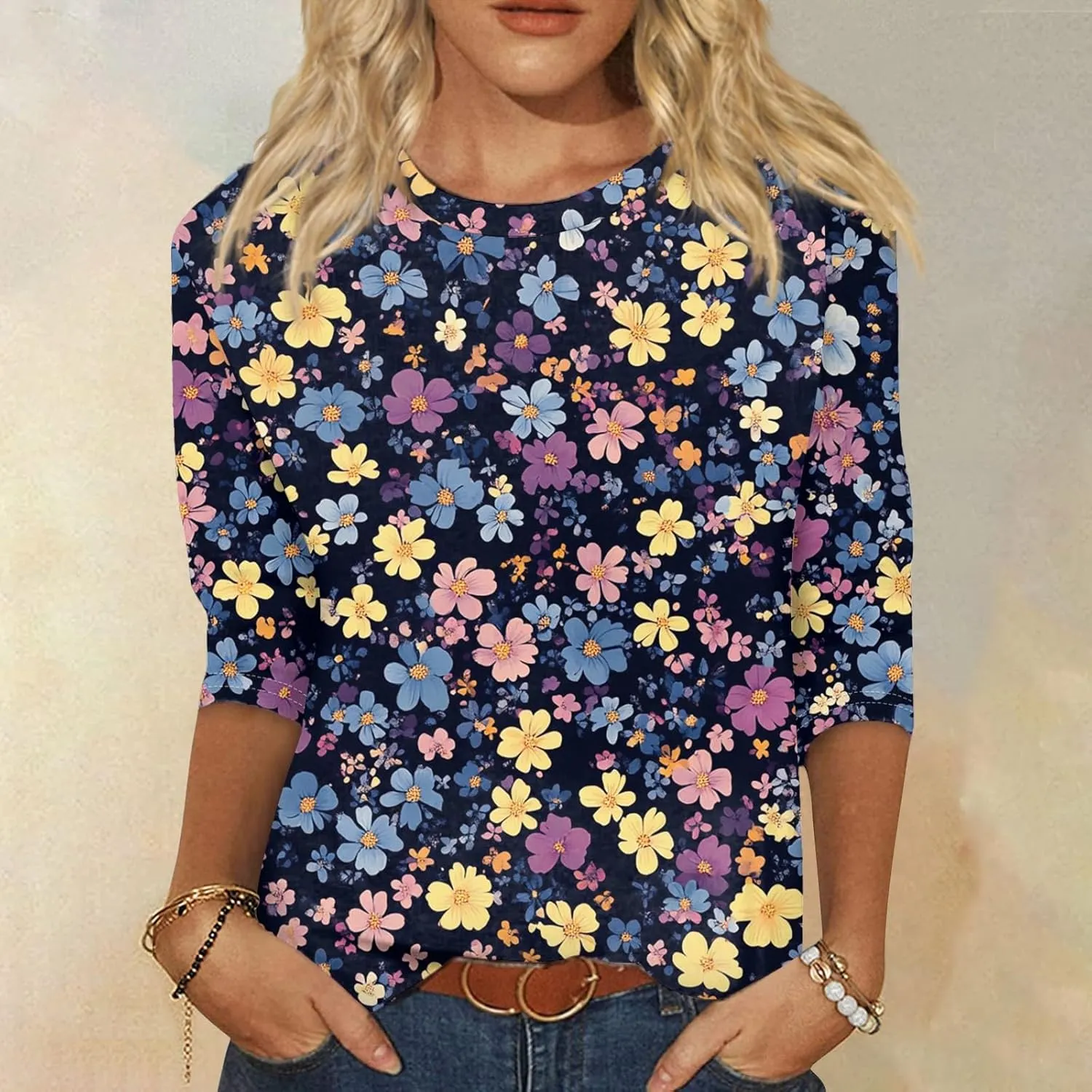 Summer Tops for Women 2025 Beach Vacation 3/4 Sleeve Print T-Shirts Plus Size Crewneck Going Out Shirts Loose Tunic