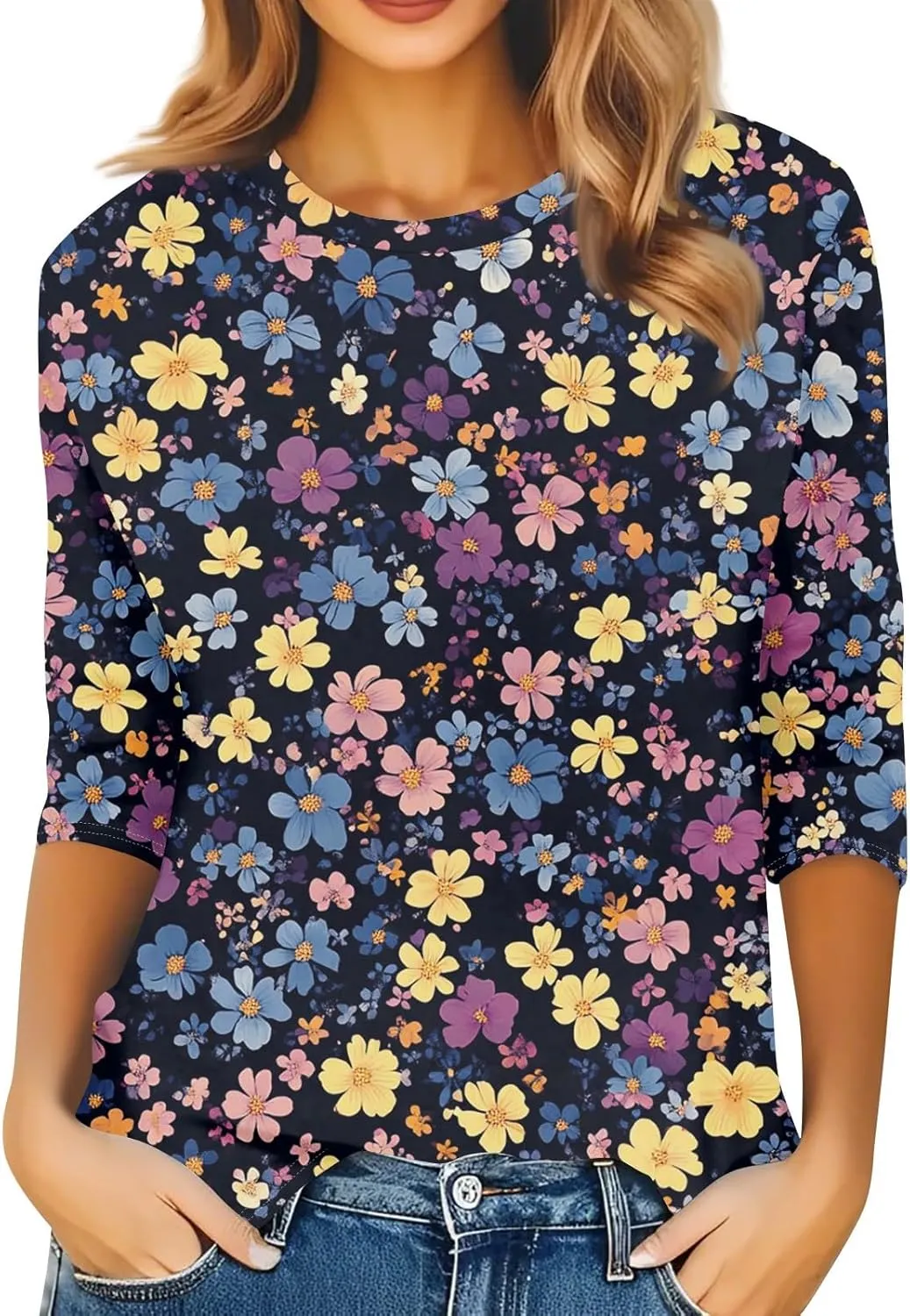Summer Tops for Women 2025 Beach Vacation 3/4 Sleeve Print T-Shirts Plus Size Crewneck Going Out Shirts Loose Tunic