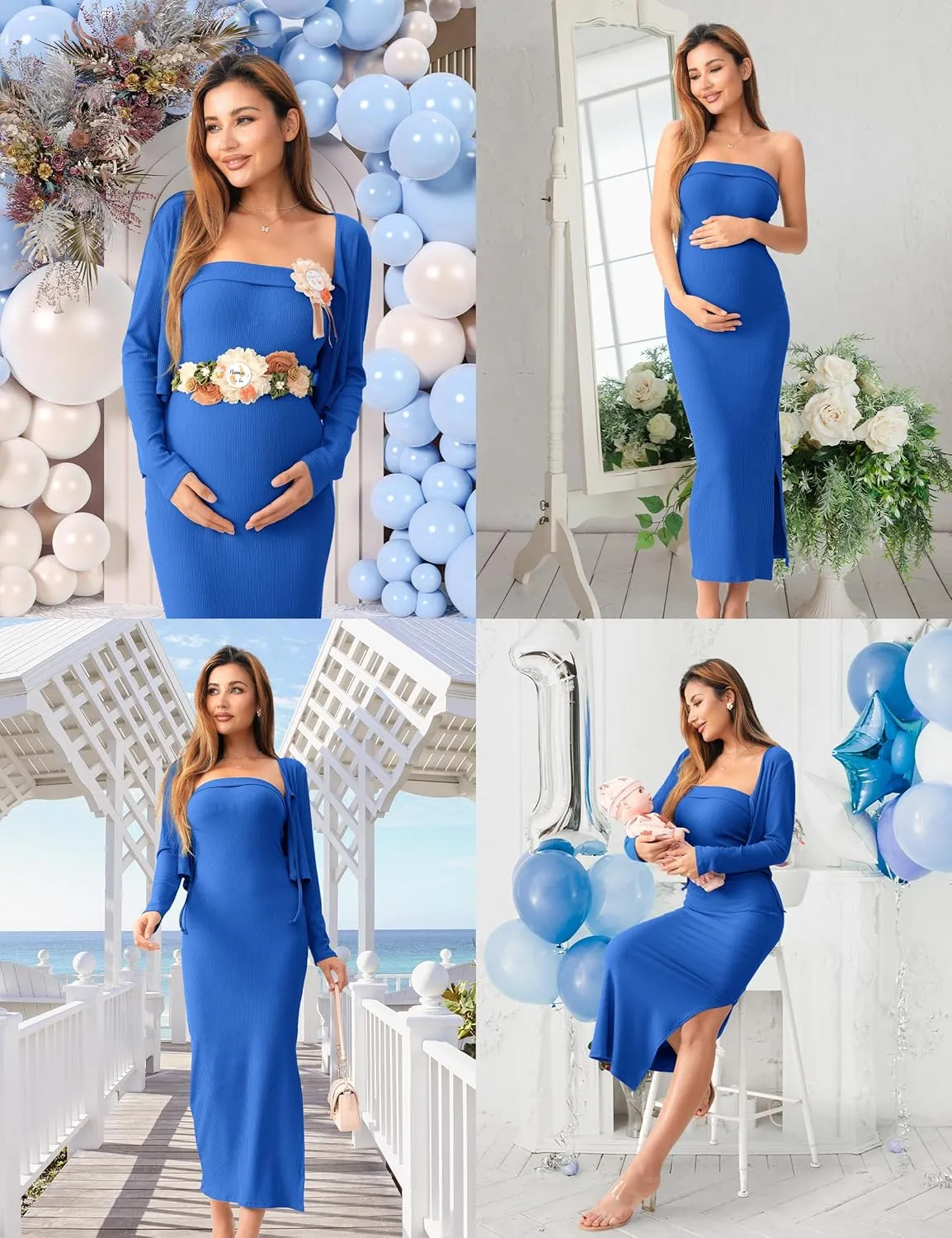 SUNNYBUY Baby Shower Maternity Tube Dress Short Cardigan Bodycon Ribbed Maxi Dress Casual 2 Piece Pregnancy Outfit Set