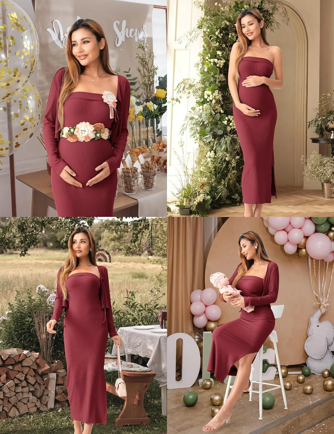 SUNNYBUY Baby Shower Maternity Tube Dress Short Cardigan Bodycon Ribbed Maxi Dress Casual 2 Piece Pregnancy Outfit Set