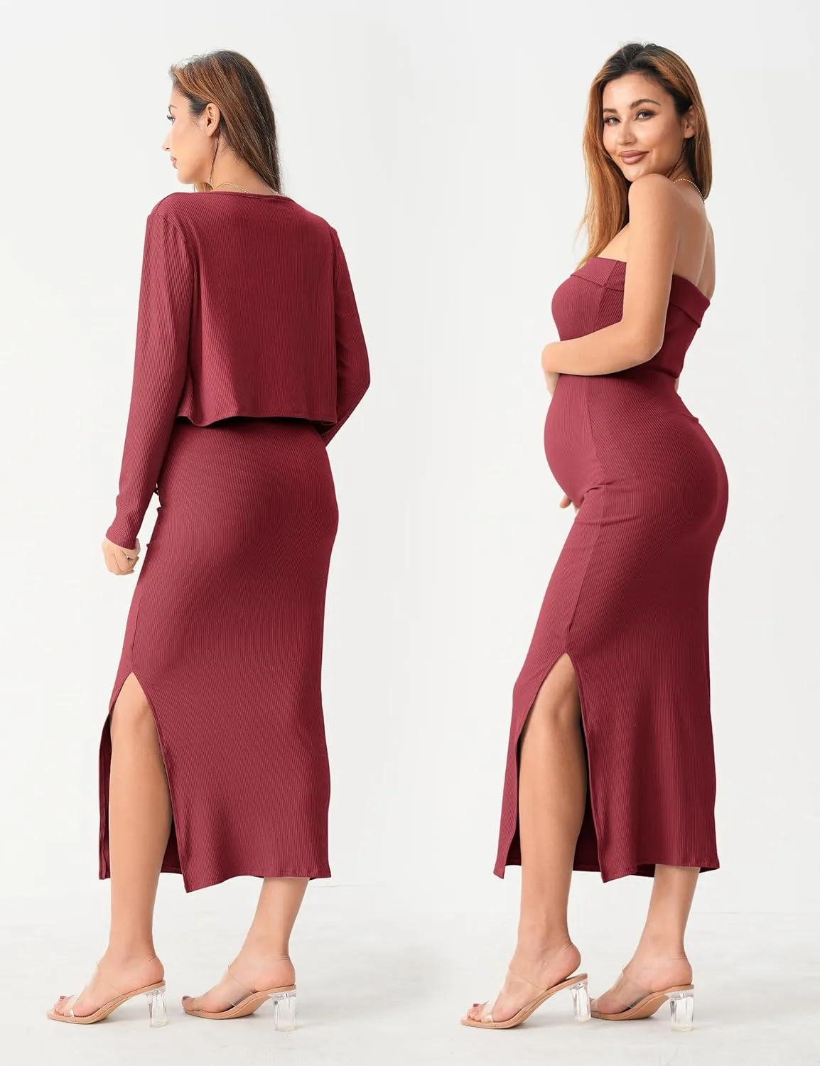SUNNYBUY Baby Shower Maternity Tube Dress Short Cardigan Bodycon Ribbed Maxi Dress Casual 2 Piece Pregnancy Outfit Set