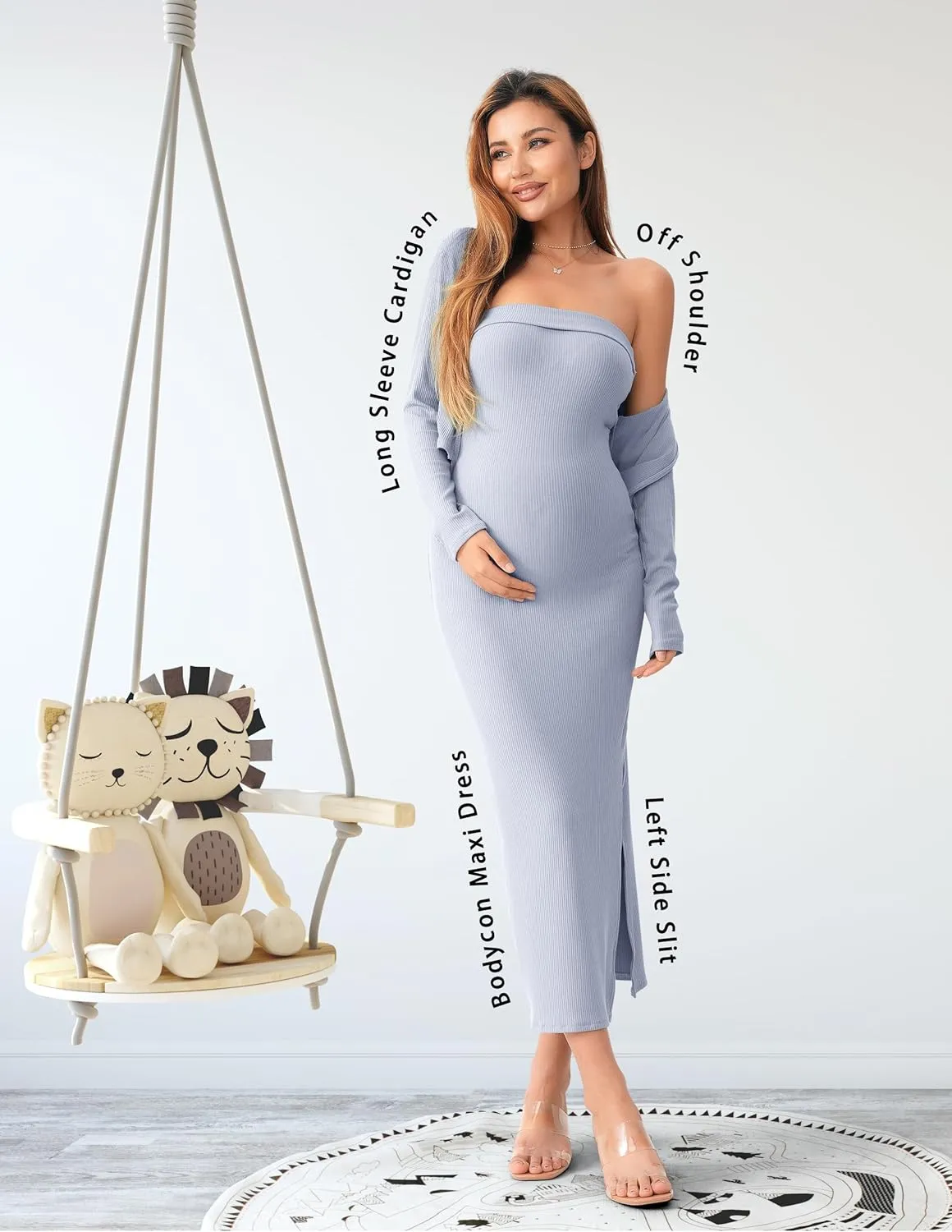 SUNNYBUY Baby Shower Maternity Tube Dress Short Cardigan Bodycon Ribbed Maxi Dress Casual 2 Piece Pregnancy Outfit Set