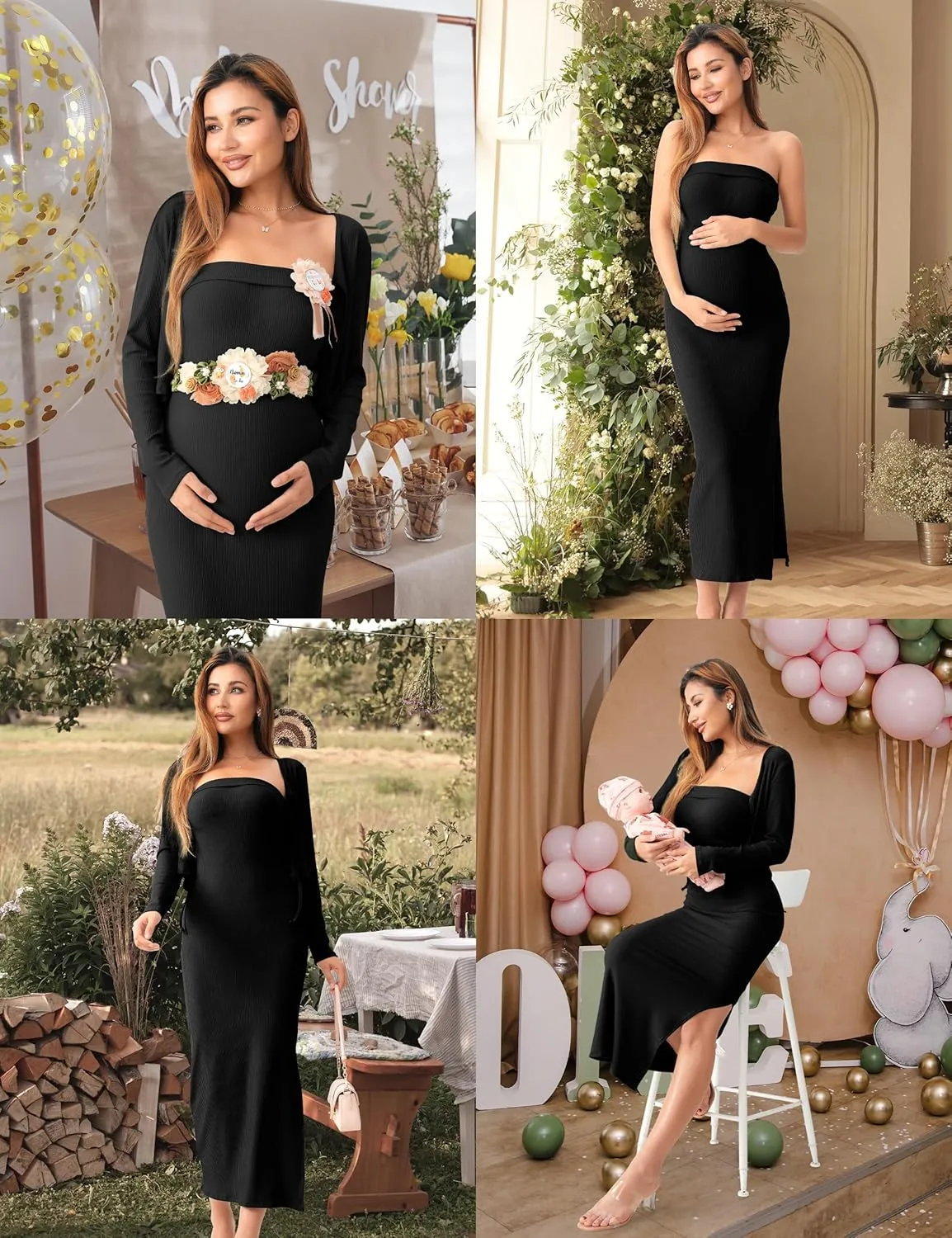 SUNNYBUY Baby Shower Maternity Tube Dress Short Cardigan Bodycon Ribbed Maxi Dress Casual 2 Piece Pregnancy Outfit Set