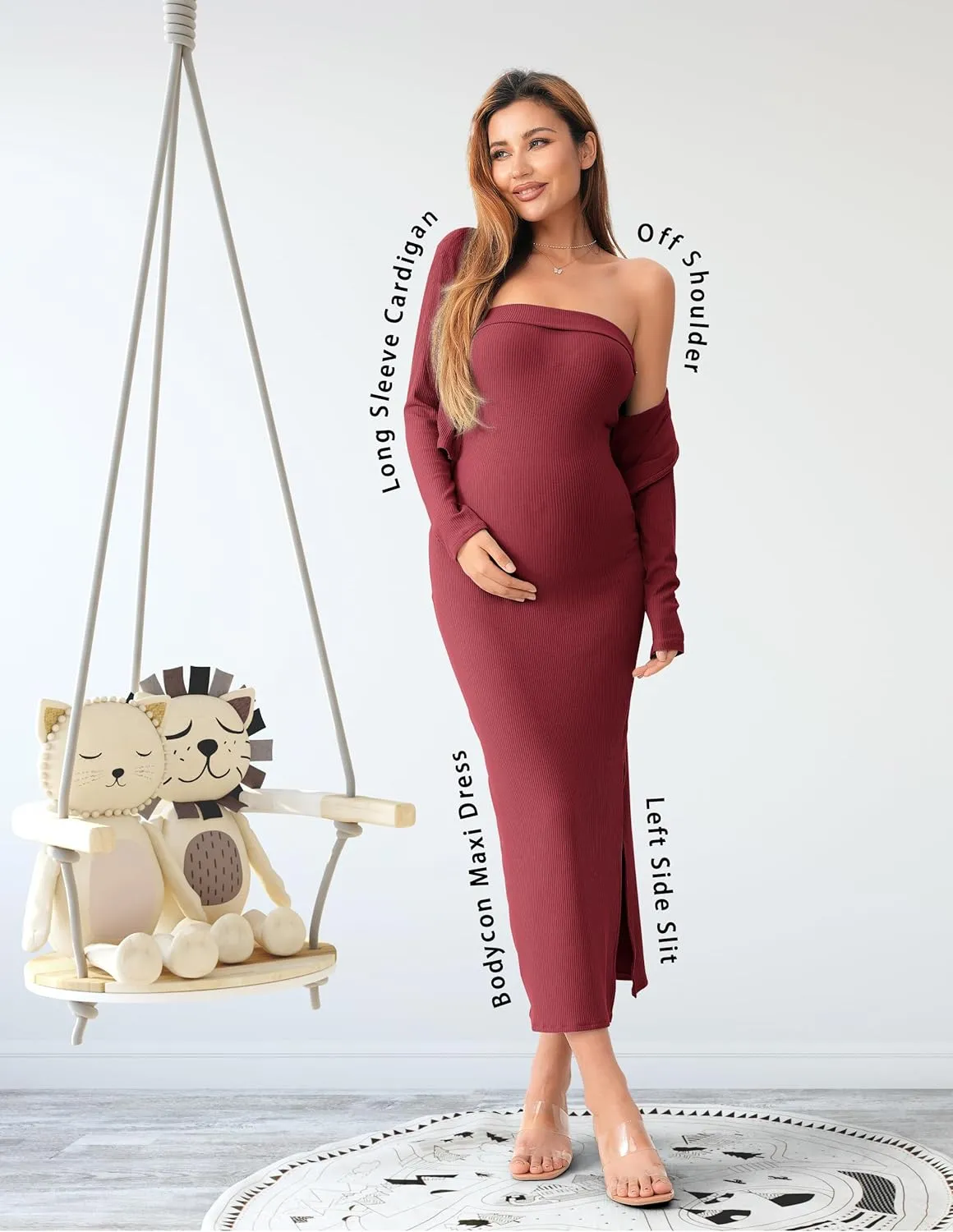 SUNNYBUY Baby Shower Maternity Tube Dress Short Cardigan Bodycon Ribbed Maxi Dress Casual 2 Piece Pregnancy Outfit Set