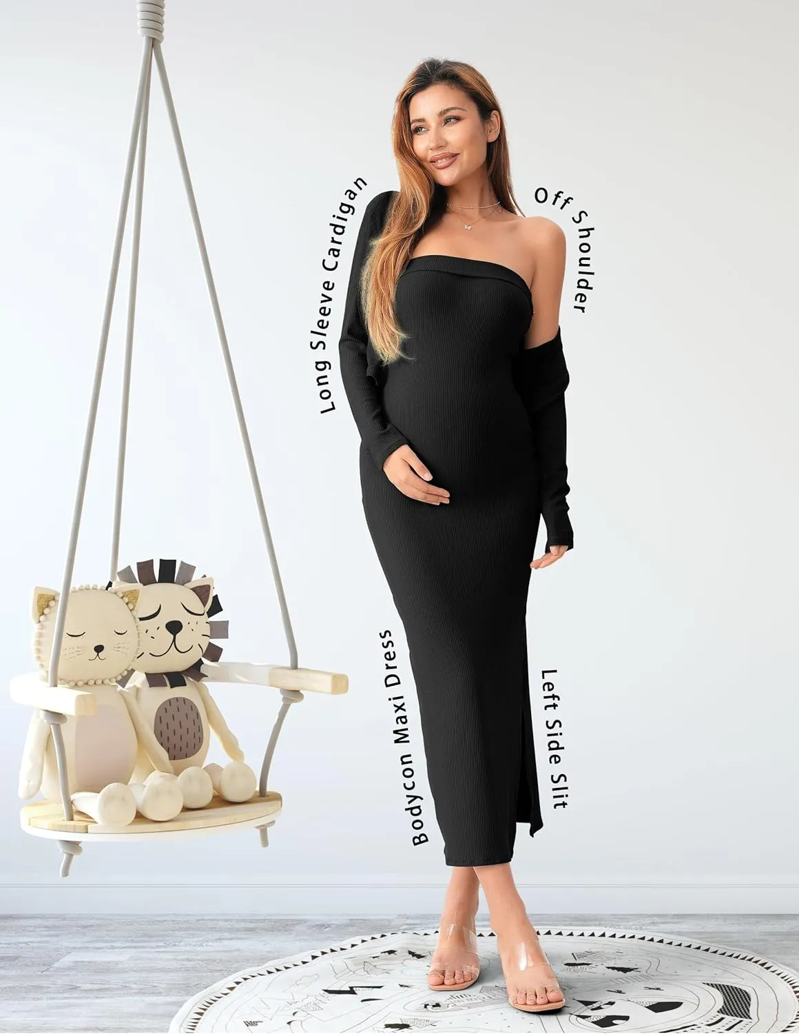 SUNNYBUY Baby Shower Maternity Tube Dress Short Cardigan Bodycon Ribbed Maxi Dress Casual 2 Piece Pregnancy Outfit Set