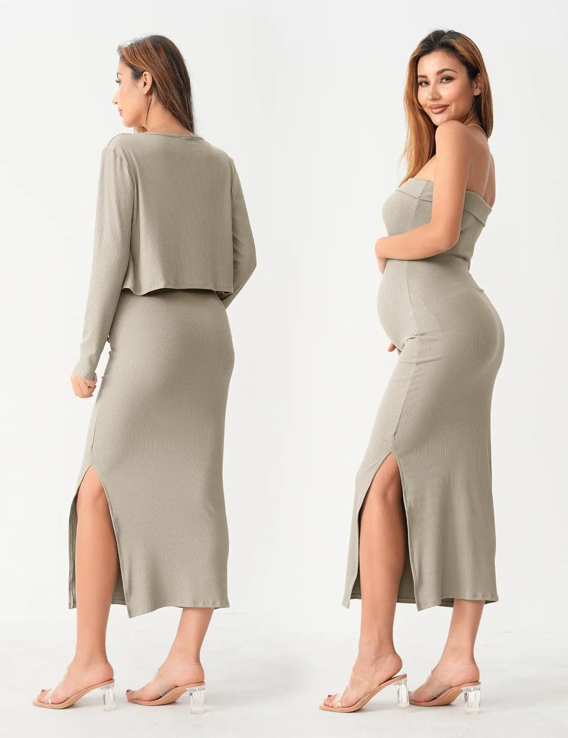 SUNNYBUY Baby Shower Maternity Tube Dress Short Cardigan Bodycon Ribbed Maxi Dress Casual 2 Piece Pregnancy Outfit Set