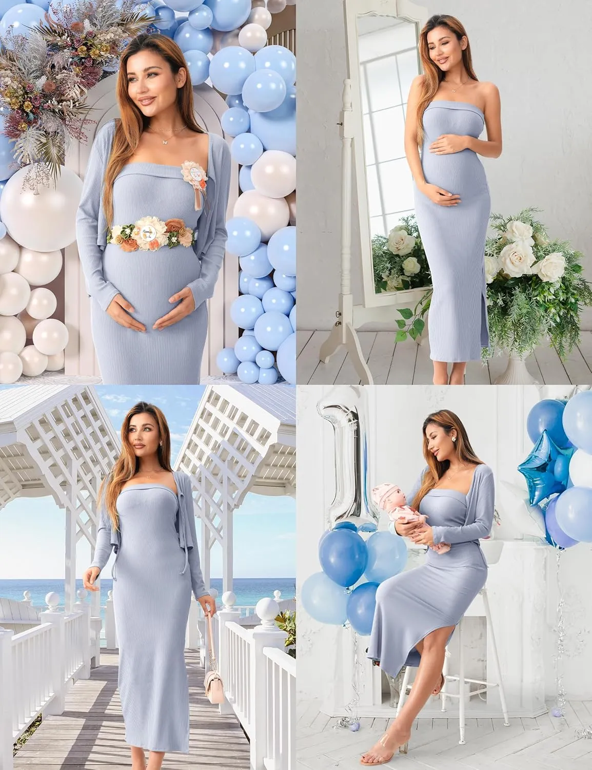 SUNNYBUY Baby Shower Maternity Tube Dress Short Cardigan Bodycon Ribbed Maxi Dress Casual 2 Piece Pregnancy Outfit Set