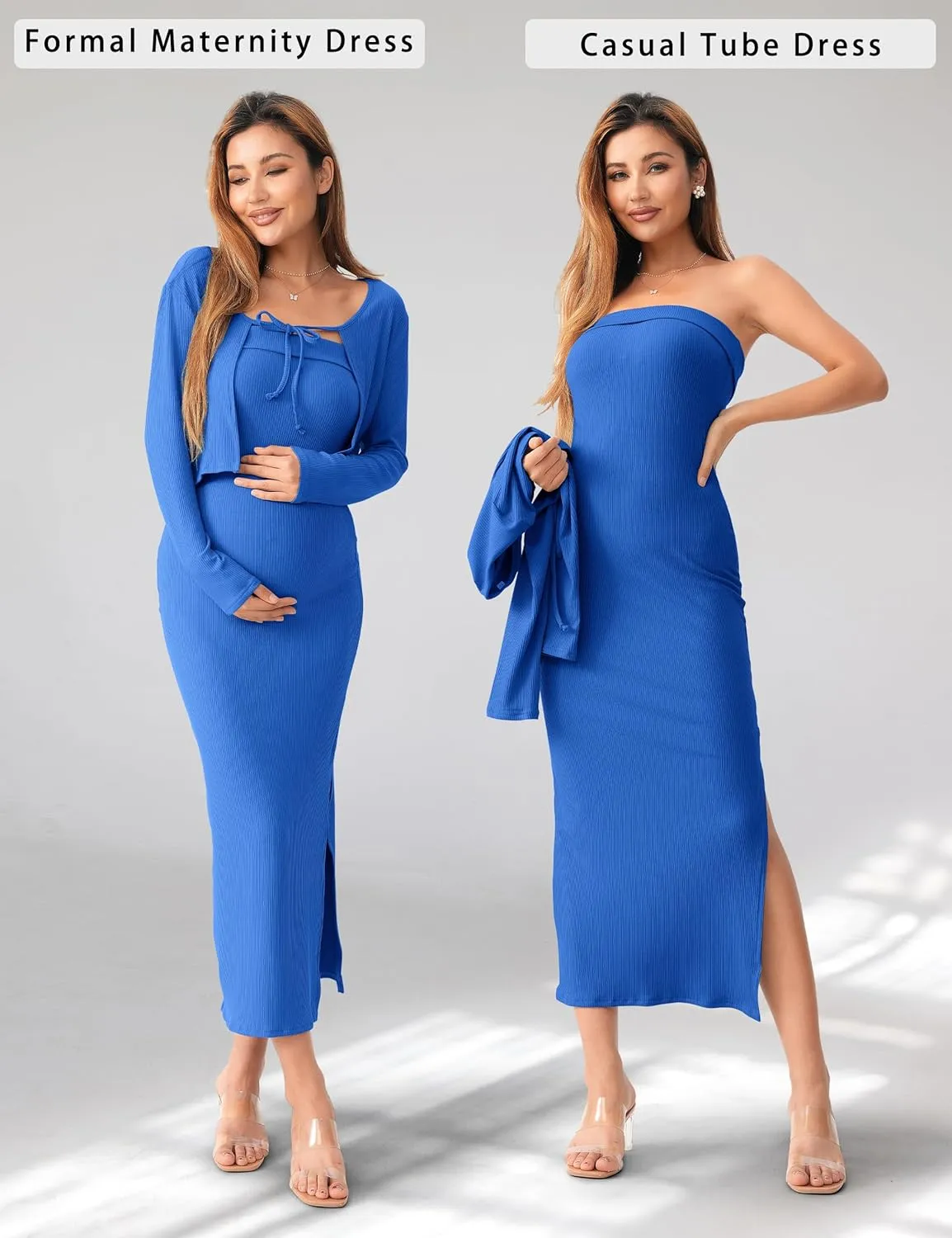 SUNNYBUY Baby Shower Maternity Tube Dress Short Cardigan Bodycon Ribbed Maxi Dress Casual 2 Piece Pregnancy Outfit Set
