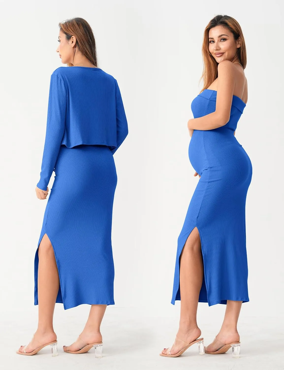 SUNNYBUY Baby Shower Maternity Tube Dress Short Cardigan Bodycon Ribbed Maxi Dress Casual 2 Piece Pregnancy Outfit Set