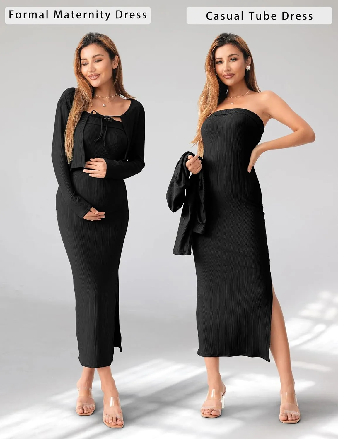 SUNNYBUY Baby Shower Maternity Tube Dress Short Cardigan Bodycon Ribbed Maxi Dress Casual 2 Piece Pregnancy Outfit Set