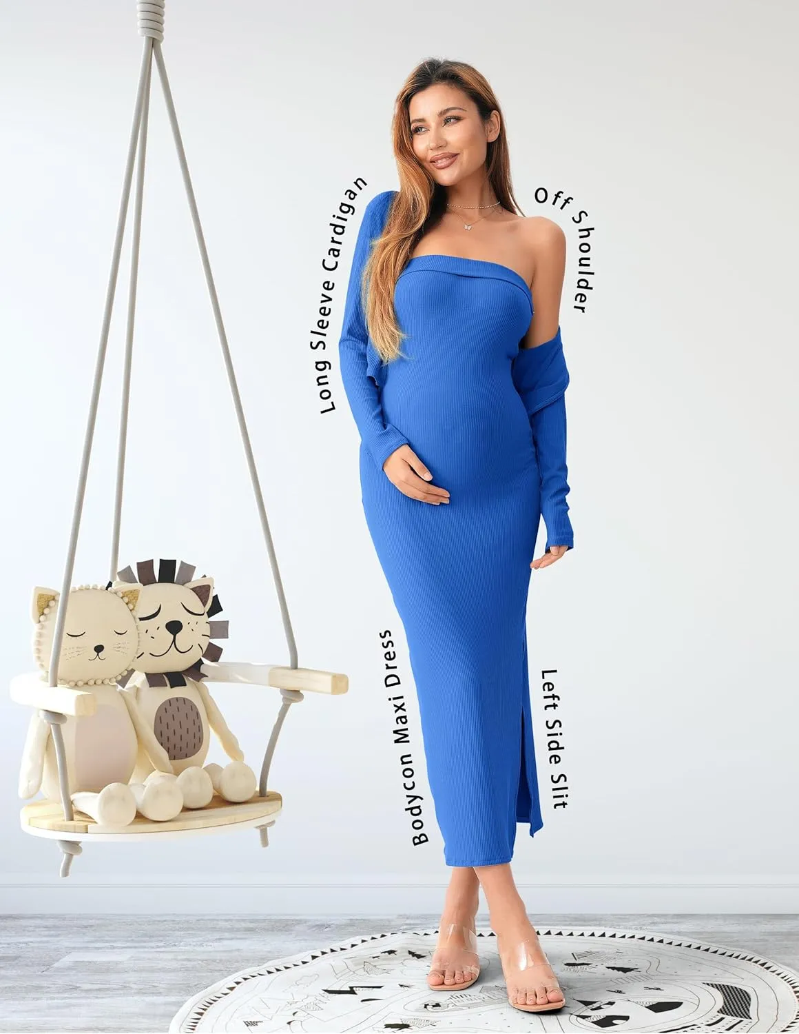 SUNNYBUY Baby Shower Maternity Tube Dress Short Cardigan Bodycon Ribbed Maxi Dress Casual 2 Piece Pregnancy Outfit Set