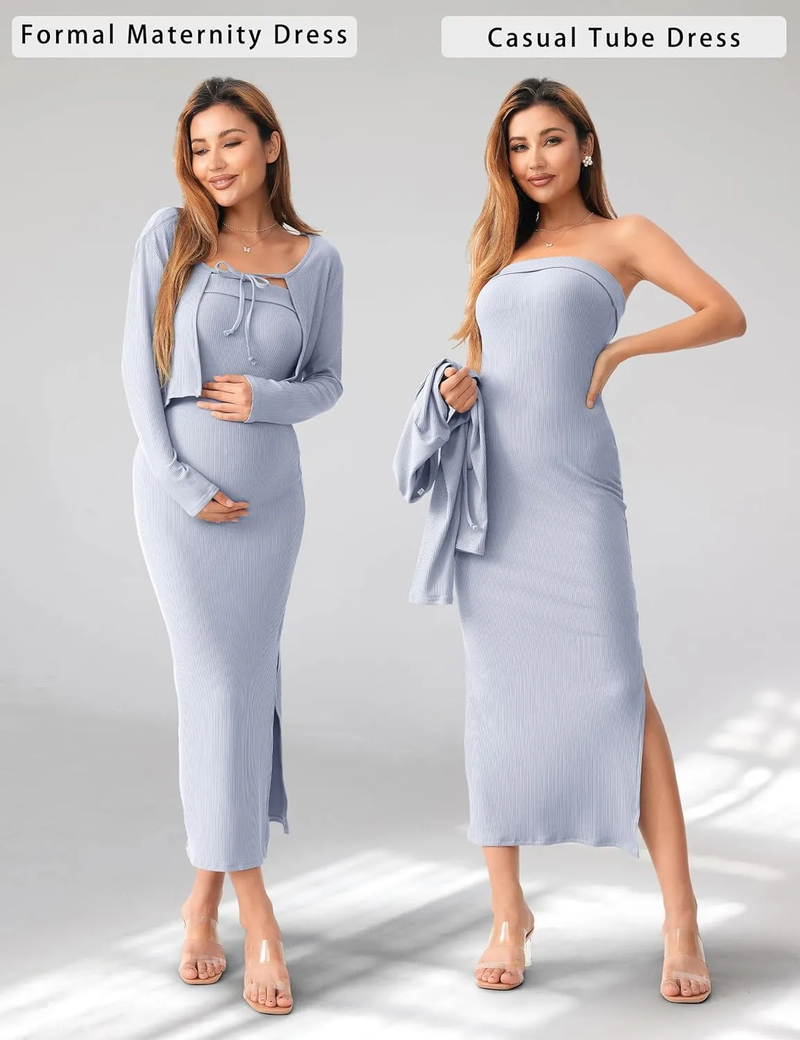 SUNNYBUY Baby Shower Maternity Tube Dress Short Cardigan Bodycon Ribbed Maxi Dress Casual 2 Piece Pregnancy Outfit Set