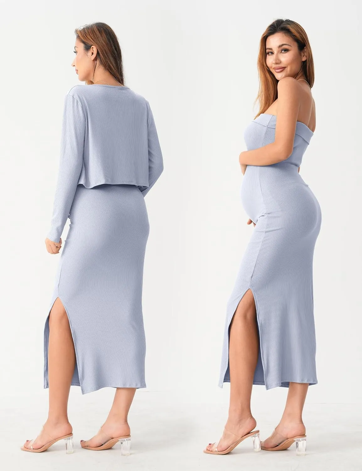 SUNNYBUY Baby Shower Maternity Tube Dress Short Cardigan Bodycon Ribbed Maxi Dress Casual 2 Piece Pregnancy Outfit Set