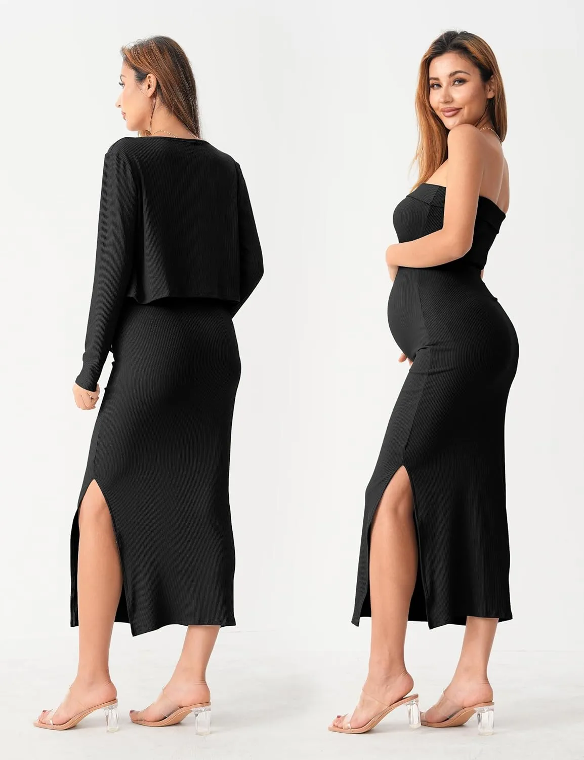 SUNNYBUY Baby Shower Maternity Tube Dress Short Cardigan Bodycon Ribbed Maxi Dress Casual 2 Piece Pregnancy Outfit Set